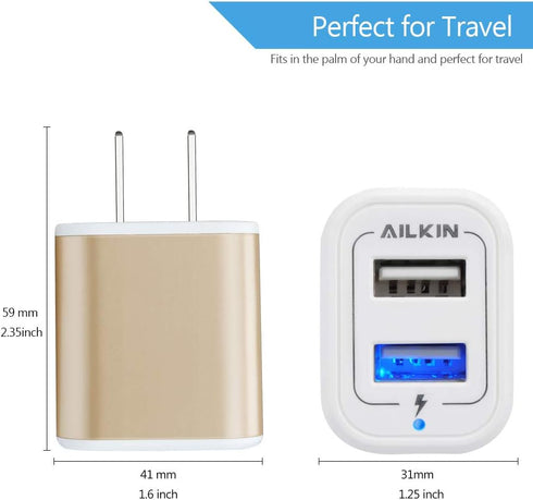 USB Power Adapter Wall Plug, Ailkin 2-Pack 5V/2.1A Fast Charging Cell Phone Cube Home/Travel Charger Block for Phone