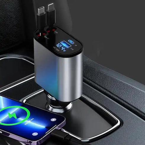 Retractable Phone Charger - Fast Car Charger USB C, 4 in 1 Retractable Car Charger for Apple and Android USB C - Car