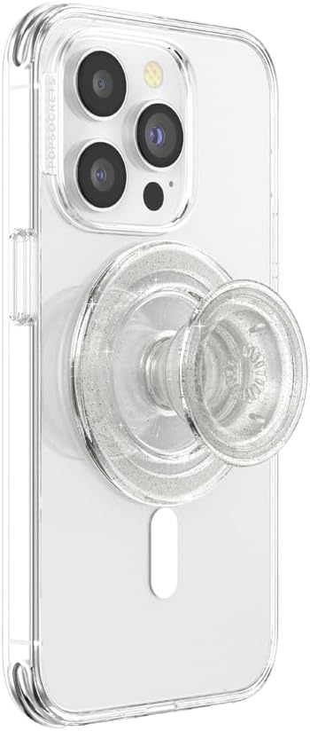 PopSockets Round Phone Grip Compatible with MagSafe, Adapter Ring Included - Clear Glitter, Wireless Charging Compatible