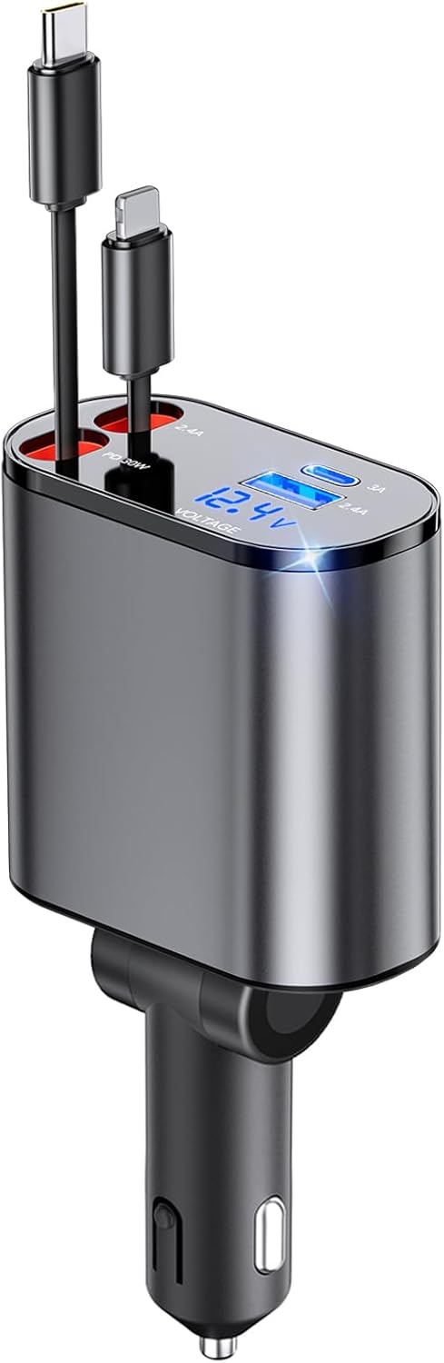 Retractable Car Charger, 4 in 1 Fast Phone Charger 66W with 2 Retractable Cables for iPhone 15/14/13/12/11