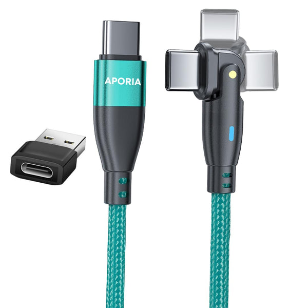 Aporia - PD 60 Watt Type C to C USB cable Fast Charging Data Transfer 180 degree rotating right angle head (Green, 3ft)