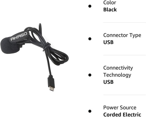 AKASO External Microphone for EK7000, Brave 4, Brave 7 LE, V50X, V50 Elite Action Cameras (Micro USB Port)