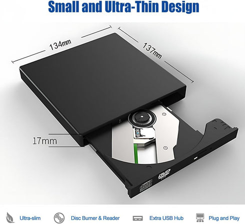 gingo 11/10/8/7 External CD DVD Drive Player, USB Slim Portable CD-ROM DVD+/-RW Drive Recorder CD Burner Reader Writer