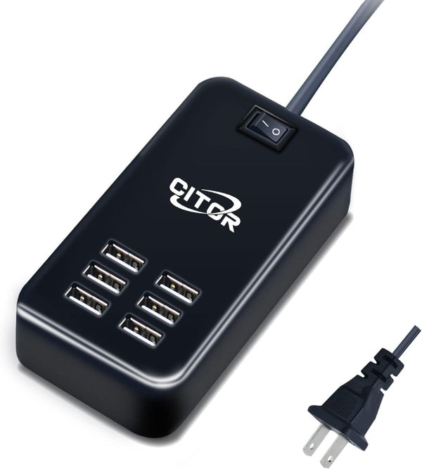 Multiport USB Charger, 6 Port USB Charging Station for Multiple Devices, Power Strip with ON/Off Switch, Black