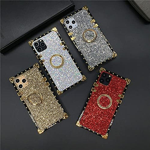 Bling Case for iPhone 12 Pro Max 6.7" Soft TPU Cover with Ring Kickstand Holder, Glitter Gold Corner, Gray