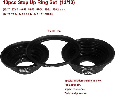 13 Pieces Filter Ring Adapter Set, Camera Lens Filter Metal Stepping Rings Kit (7+6 pcs Step Up Ring) Black