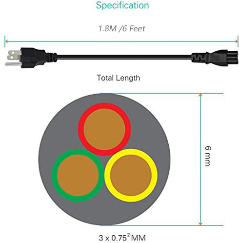HUYADZ 3 6Ft Prong Power Cord, Universal Power Cable, Fit for Lenovo, HP, Dell, Asus, Acer, LG, Sony