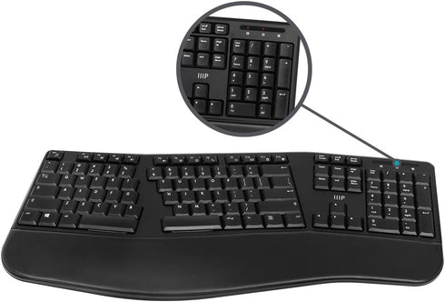 Monoprice Ergonomic Wireless Split Keyboard, 105-Key 2.4GHz with 13 Multimedia Hotkeys, Built-in Wrist Cushion Support