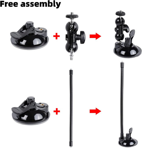 PellKing Suction Cup Mount for Insta360 X3/X2/X, GoPro with 27cm Extension Tube and Double Ball Head Adapter