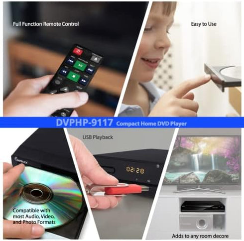 Impecca MP3 1080P, 2.0 100-240V DVHP9117 DVD Player for TV Multi-Region HDMI, RCA AV Cable, USB, CD Playback