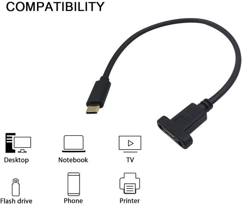 Poyiccot USB C Extension Cable 1ft, 10Gbps 60W, Type C Male to Female, Short USB 3.1 Panel Mount for Data & Sync.