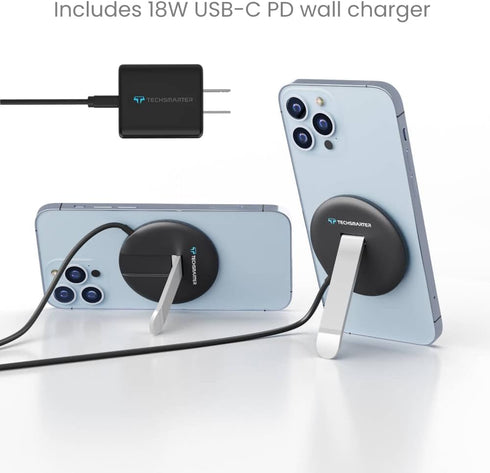 Techsmarter Magnetic Wireless Charging Pad and Stand with 18W USB-C PD Wall Charger, Compatible with iPhone 12, 13, 14