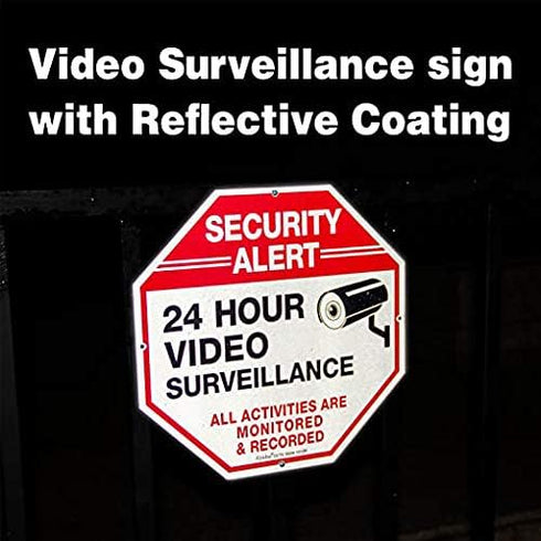 (4 Pack) "Security Alert, 24 Hour Video Surveillance" Signs, 10x10 Inches Aluminum Reflective Warning Sign