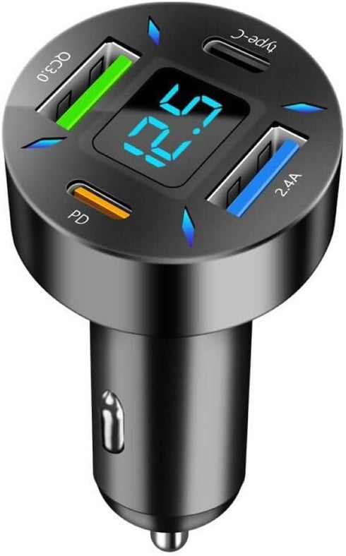 66W Car Charger, 4-Port Cigarette Lighter USB Charger, 2 * USB 2.4 + PD + Type C Adapter with Voltmeter, Compatible