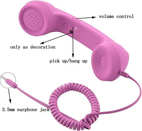 Retro 3.5mm Telephone Handset Cell Phone Receiver, Mic Microphone Speaker for iPhone iPad Mobile Phones (Pink)