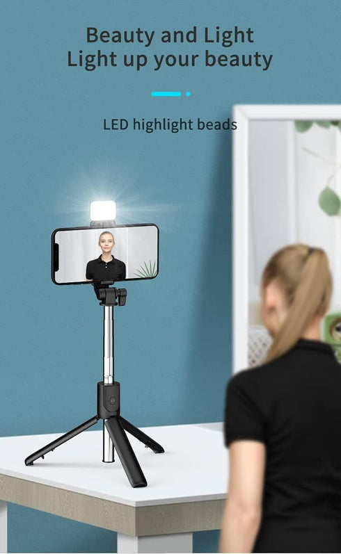 PINHEN 360 3 1 Selfie Stick Tripod with Light, Extendable Rotation Tripod Stand with Detachable Wireless Remote