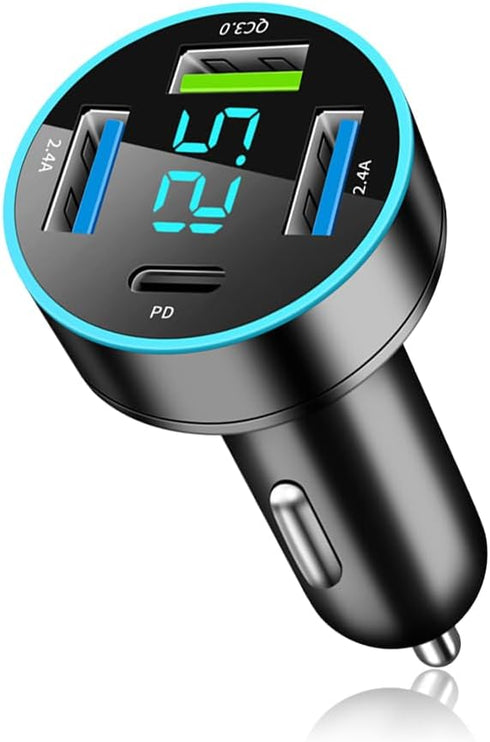 4 Ports Fast Car Charger, PD+QC3.0 Adapter with Upgrade Voltmeter Display for 12-24V Cigarette Lighter Plug
