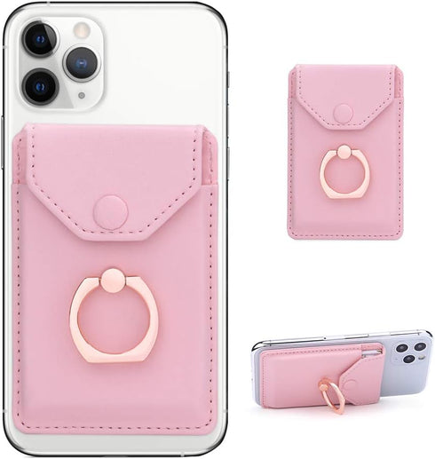 Cell Phone Card Holder RFID Ring Stand Stick on Wallet for Back of Phone, iPhone, Android, All Smartphones - Pink
