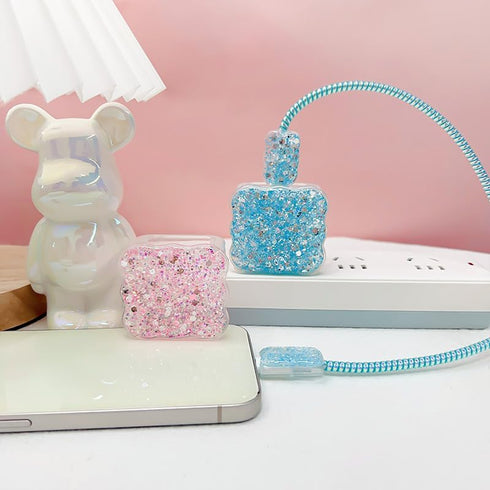 Cute Cable Protector, Bling Glitter Waves Edge Design for iPhone Charger, Luxury Soft Data Line Cover (Blue)