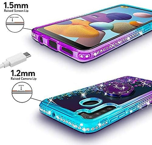 Silverback Galaxy A21 Case, Moving Liquid Holographic Sparkle Glitter Case with Kickstand, Bling Diamond Rhinestone