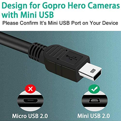 3ft Mini USB Charger Cable for GoPro Hero 4 Silver/Black, Hero 3+/3 White/Black/Silver, Hero 2/1 - Data Sync & Power