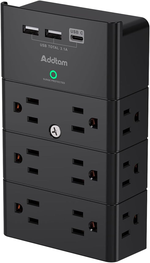 Addtam Multi Plug Outlet Surge Protector Wall Mount with 12 Outlet Extender, 3 USB Ports, Black Power Strip