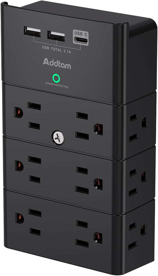 Addtam Multi Plug Outlet Surge Protector Wall Mount with 12 Outlet Extender, 3 USB Ports, Black Power Strip