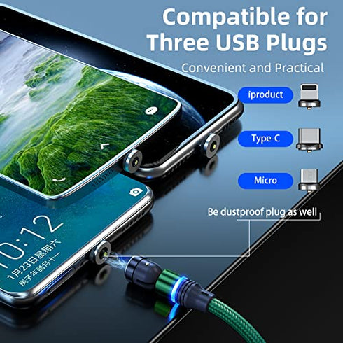 Magnetic Charging Cable 4-Pack, 3 in 1 Nylon Braided USB Phone Charger, 360 Rotating for Micro USB, Type C, iProduct