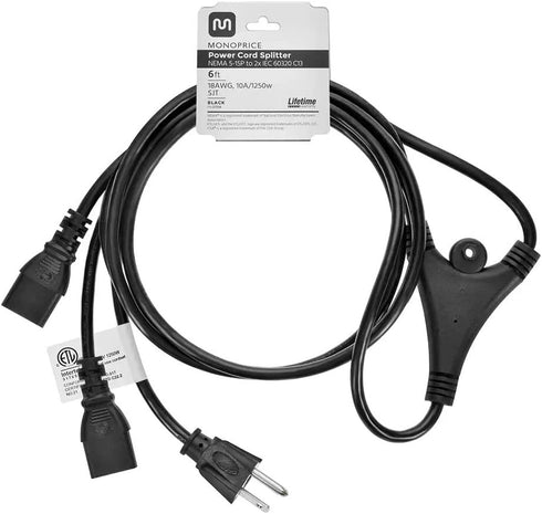 Monoprice Power Cord Splitter | NEMA 5-15P to 2X IEC 60320 C13, 10 Amp, 6 Feet, Black