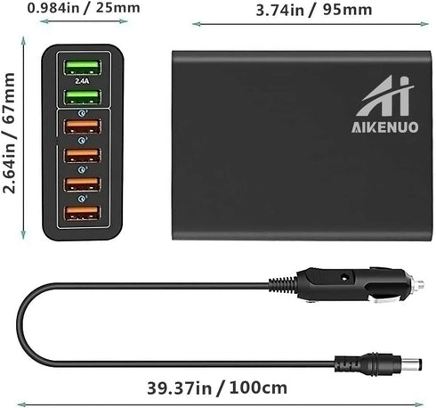 Multi Ports USB Car Charger, 96W 6 Port QC3.0 Fast Adapter with Four Quick Charge Ports for Smart Phone & Tablets