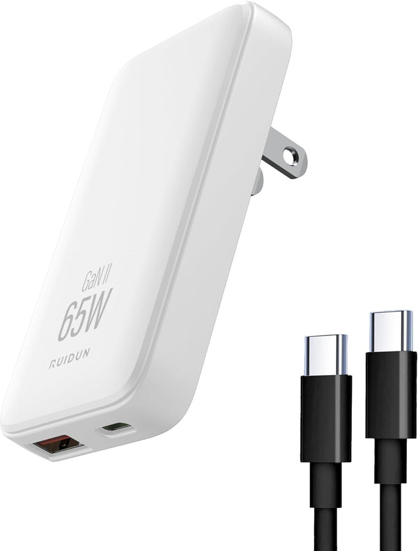 65W GaN USB C Charger, 2 Port Flat Wall Charger with PD3.0 & PPS, 3.28ft 100W Cable for MacBook, iPhone, White