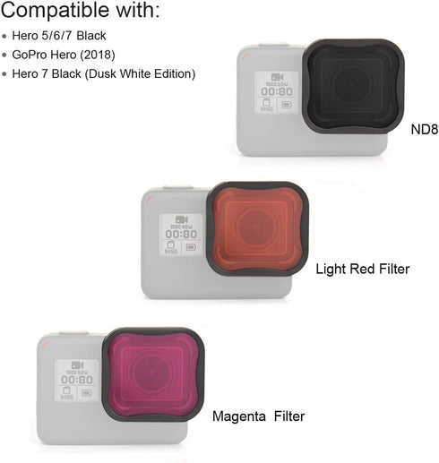 SOONSUN 3-Pack Lens Filter Red/Magenta/ND8 for GoPro Hero 5/6/7 Black, Snorkel Diving Filter and Neutral Density Lens
