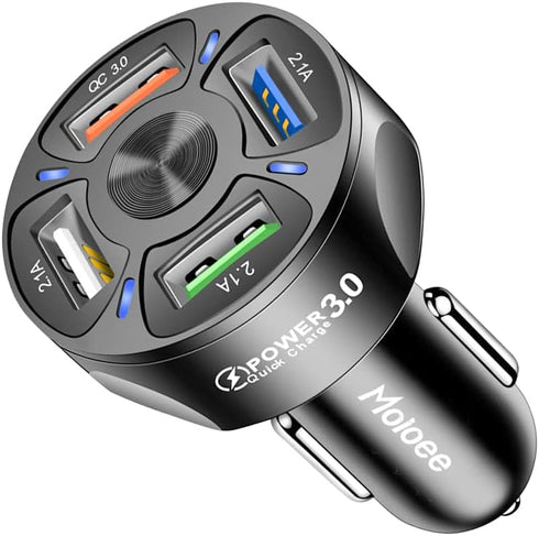 Car Charger Adapter, 4 Ports USB Fast QC3.0 with LED Light Display, Compatible with iPhone 12 Pro Max, Galaxy S20 Ultra