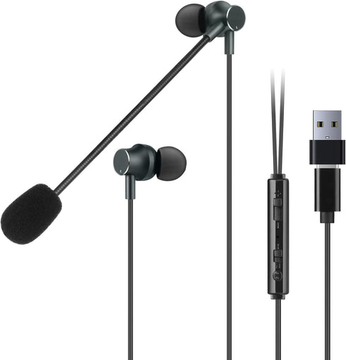 USB Earbuds with Boom Mic for Computers & Smartphones, In-Ear Headphones with USB-A & USB-C for Laptop, 4.9FT