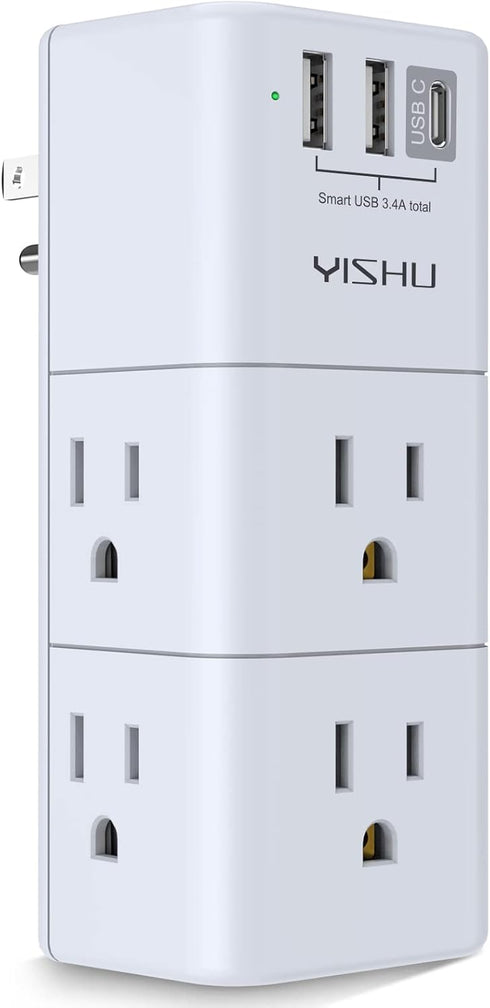 USB Multi Plug Outlet Extender, YISHU Surge Protector with Rotating Plug, 6 AC Plug Extender with 3 USB