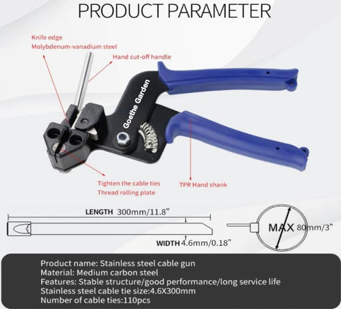 WCT322 Stainless Steel Cable Tie Gun for Fastening and Cutting up to 12mm Width Cable Ties, Suitable for Outdoor Use