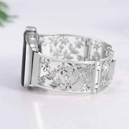 Floral Band Compatible with Apple Watch - Jewelry Band 38mm 40mm 41mm 42mm, Bling Crystal Bracelet, Silver