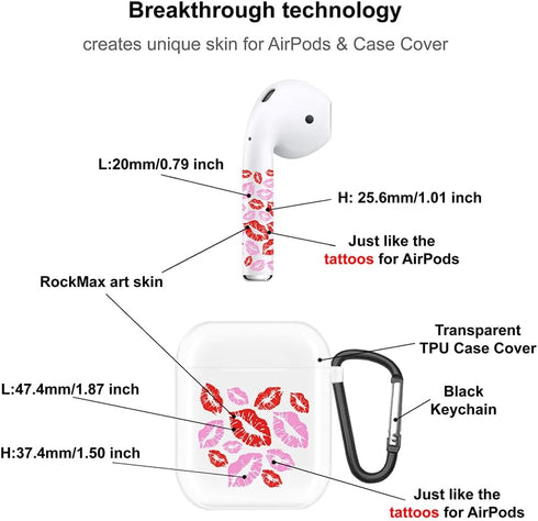RockMax Cute Clear Case for AirPods 2nd Generation with Black Keychain and Pink Decal Stickers