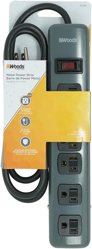 Woods 41386 Metal Power Strip with 6 Outlets, Resettable Safety Circuit Breaker Switch, 5 Foot Cord