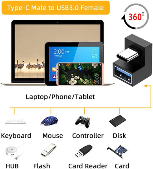 xiwai 180 Degree Up & Down Angled Type-C USB-C OTG to USB 3.0 Female Extension Adapter for Cell Phones and Tablets