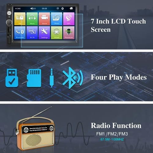 Double Din Car Radio with Bluetooth, 7 Inch Touch Screen Car Stereo, Support Mirror Link, FM, SWC, EQ, AUX, USB, SD