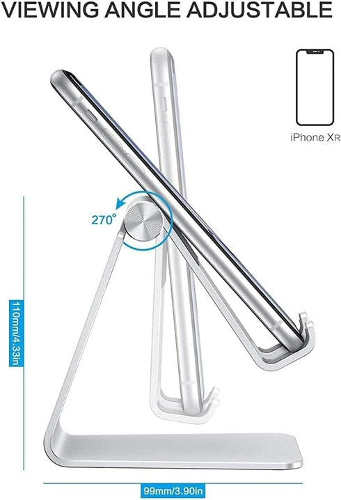 Adjustable Cell Phone Stand, OMOTON Aluminum Desktop Stand with Anti-Slip Base and Charging Port, Silver