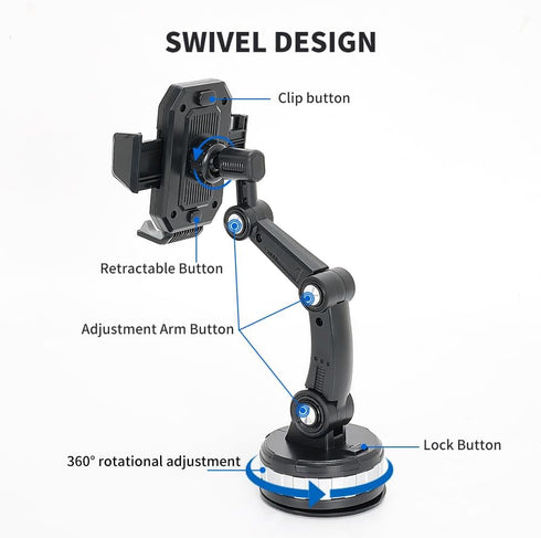 Car Phone Holder Mount: Suction Cup Stand for Universal Dashboard/Windshield, One-Button Pop-up (Black)
