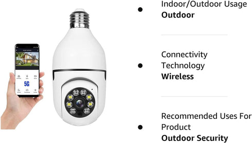 360 Security Cameras Wireless Outdoor, 2.4GHz & 5GHz WiFi Light Bulb 1080p Security Camera, Motion Detection, Two-Way