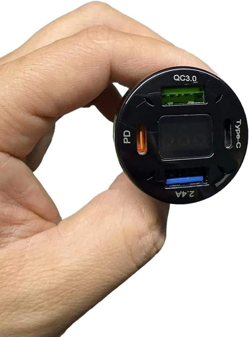 66W Car Charger, 4-Port Cigarette Lighter USB Charger, 2 * USB 2.4 + PD + Type C Adapter with Voltmeter, Compatible