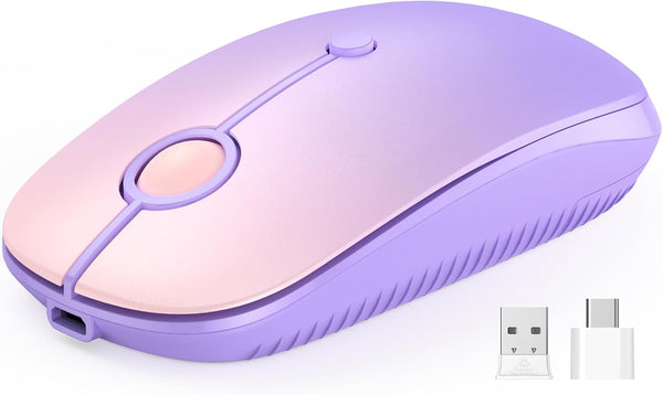 VssoPlor Type C Wireless Mouse, Gradient Purple Dual Mode 2.4G Cordless Mice with Nano USB and Type C Receiver for PC,