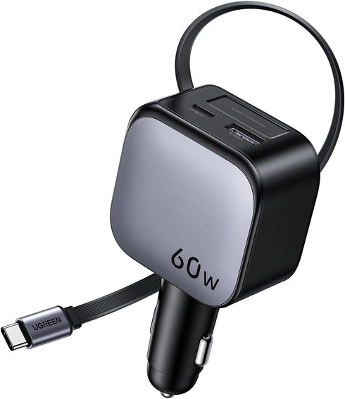 UGREEN 60W 2C1A 3-Port 30W 17/16/15, S25/S24, 12V Car Charger with Retractable Cable, Fast Charger with PD USB-C