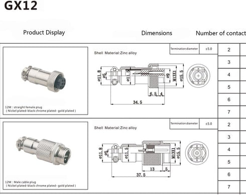3.28 ft GX12 4 Pin Male to Female Head Aviation Cordset, GX12 4Pins Connector Electrical Cable for Ships 22AWG