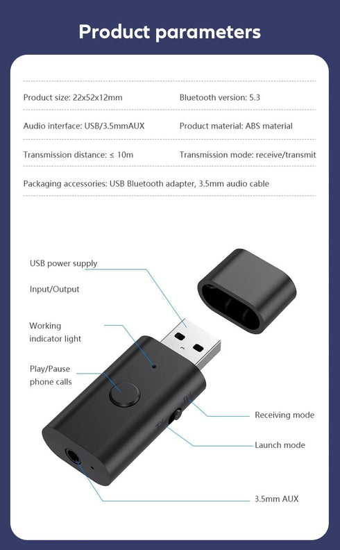 Bluetooth 5.3 Transmitter Receiver, 3.5mm Aux Wireless USB Adapter for TV, PC, Home/Car Stereo, Handsfree Calls