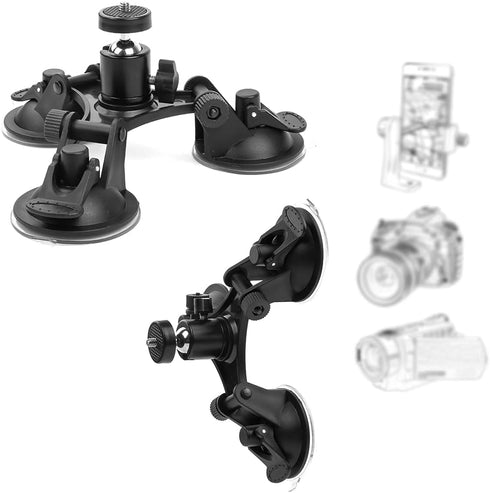 Triple Suction Cup Car Mount with 360 Degree Tripod Ball Head - Camera Suction Mount with 1/4 Threaded Head